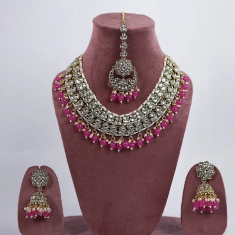 Niia Kundan Pearl Pink Necklace With Jhumkis And Tikka