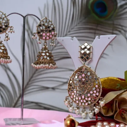 Noor Jahan’s Mirror pearl Jhumkis with Tikka - Artificial Ear Rings