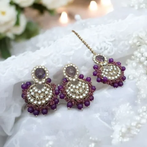 Royal Purple Kundan Chandbalis with Tikka - Artificial Ear Rings