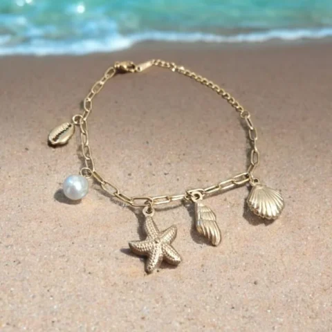 Sea Charm Gold Bracelet – Starfish, Shell & Pearl
