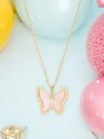 Golden CZ Stone Border Baby Butterfly Pendant Necklace For Women