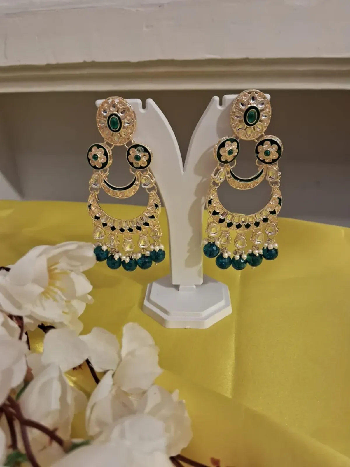 FF033_1765470438374_oiw8c6bvc8sj7xy Teal Green & Gold Neelam Chandbalis Artificial Earrings for Women - Image 1