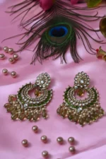Green Samudra Kundan Chandbali Earrings - Image 3