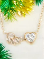 Golden Tone CZ Crystal Leaf & Heart Pendant Necklace For Women