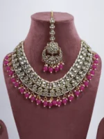 Pink Niia Kundan Pearl Necklace Set With Jhumka and Tikka for Women - Image 4