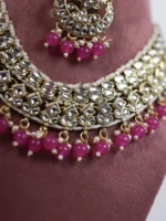 Pink Niia Kundan Pearl Necklace Set With Jhumka and Tikka for Women - Image 3